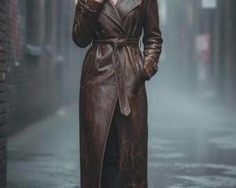 Handgefertigter Distressed Brauner Leder Trenchcoat - Nach Maß