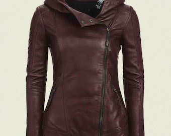 Kastanienbraune Lammleder Bikerjacke - Damen Kapuzen Moto Mantel