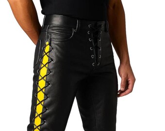 Schwarze Leder Bikerhose für Herren - Slim Fit Motorradhose mit gelber seitlicher Spitze