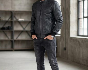 Men's Black Genuine Leather Bomber Jacket | Vintage Style Zip-Up Motorcycle Coat