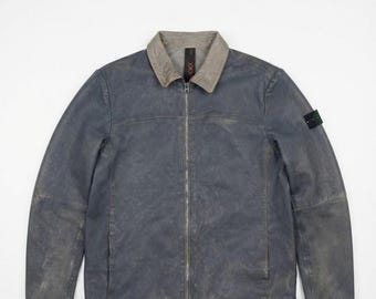 Distressed Blue Leather Moto Jacket: Vintage Style Genuine Outerwear