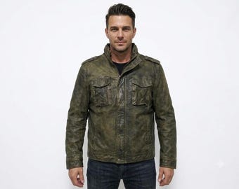 Men's Distressed Olive Green Leather Jacket | Vintage Military Biker Style Coat