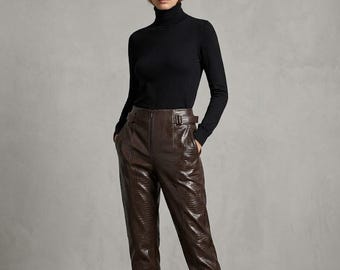 Women's Crocodile Embossed Leather Pants, Slim Tapered Brown Leather Trousers