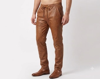 Men's Tan Leather Jogger Pants | Drawstring Waist Slim Fit Trousers