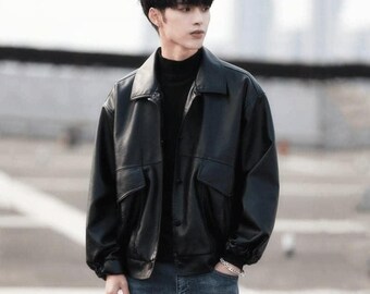 Men's Loose Style Leather Jacket Motorcycle Biker Leather Jacket Men Leather Coats