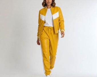 Women's Yellow Genuine Leather Tracksuit Set | Handmade Leather Jacket & Jogger Pants