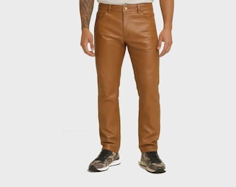 Herren Braun Rindsleder Bikerhose - Handgefertigte Motorrad Hose Verstellbare Taille