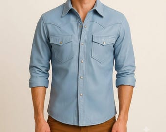 Slim Fit ljusblå westernskjorta i lammskinn