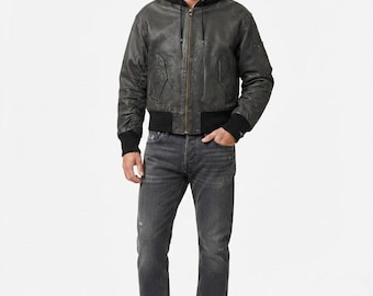 Men's Hooded Leather Jacket | Vintage Bomber