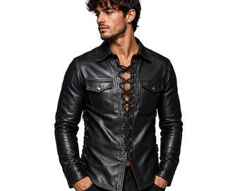 Men's Black Lambskin Leather Jacket | Lace-Up Gothic Motorcycle Style