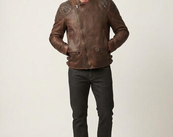 Vintage Brown Leather Cafe Racer Motorcycle Biker Jacket for Men