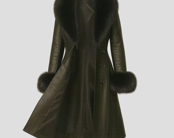 Handmade Real Leather Trench Coat | Luxury Faux Fox Fur Collar