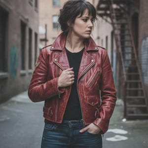 Vintage Red Leather Motorcycle Jacket - Women's Asymmetrical Biker Coat