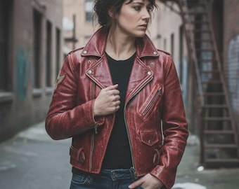 Vintage rote Leder Motorradjacke - Asymmetrischer Damen Bikermantel