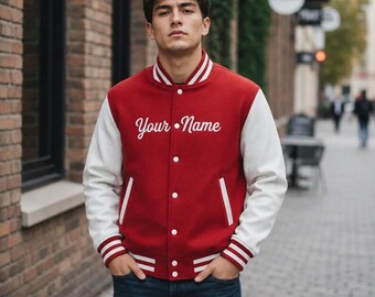 Red Wool Varsity Jacket with White Leather Sleeves (Custom Letterman)