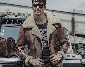 Herren gewachste braune Shearling Lederfliegerjacke