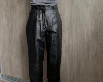 Women's Black Genuine Leather Pants | High Waist Straight Leg Lambskin Trousers