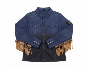 Blue Ombre Suede Fringe Jacket, Handmade Western Leather Shirt Coat