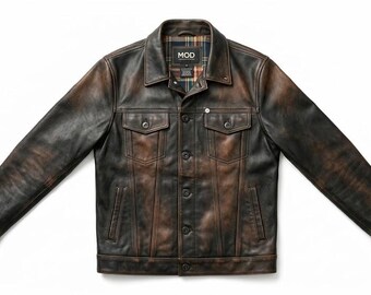 Men's Distressed Brown Leather Jacket | Genuine Vintage Western Trucker Coat
