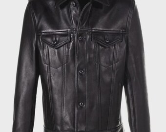 Handmade Trucker Black Leather Jacket for Men