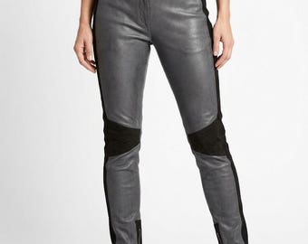 Women’s Grey Two-Tone Leather Moto Trousers with Black Suede Panels and Ankle Zippers