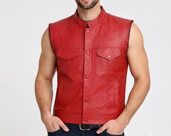 Men's Red Genuine Leather Biker Vest, Sleeveless Motorcycle Jacket, Western Style