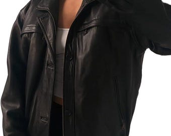 Oversized Black Leather Bomber Jacket, Women's Full Grain Sheep Leather