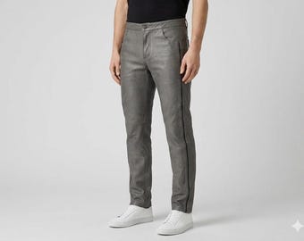 Men's Grey Genuine Leather Biker Pants with Contrast Side Detailing