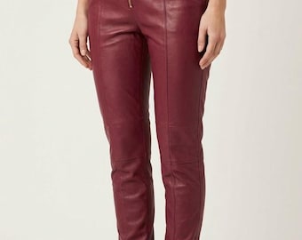 Burgundy Leather Pants High Waist Zip Front Slim Leg Trousers