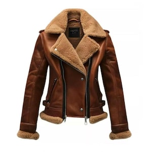 Handmade Shearling Aviator Jacket | Women's Brown Sheepskin Biker Coat