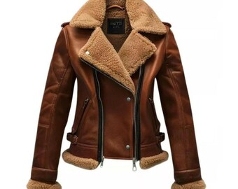 Handgefertigte Shearling Aviator Jacke | Damen Braun Schaffell Bikermantel