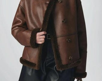 Braune Schaffell Fliegerjacke | Damen Lammfell Leder Bomber