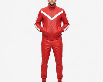 Men's Red Faux Leather Tracksuit Set, Red Leather Jogger Suit, Zip-Up Jacket & Pants, Retro Streetwear Outfit, Biker Fashion Gift