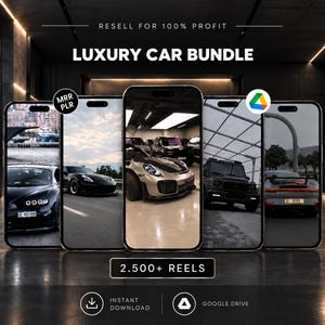Op de afbeelding: Vijf smartphones op een rij met verschillende afbeeldingen van luxe auto's. De tekst luidt: RESELL FOR 100% PROFIT, LUXURY CAR BUNDLE, MRR PLR, 2.500+ REELS, INSTANT DOWNLOAD en een Google Drive-pictogram. De achtergrond is een donkere garage.