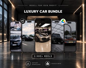 Puede incluir: Cinco teléfonos inteligentes alineados que muestran varias imágenes de coches de lujo. El texto dice: RESELL FOR 100% PROFIT, LUXURY CAR BUNDLE, MRR PLR, 2.500+ REELS, INSTANT DOWNLOAD y un icono de Google Drive. El fondo es un garaje moderno oscuro.
