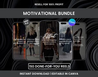 Puede incluir: Un paquete digital de 150 reels motivacionales para redes sociales, que muestra cinco pantallas de teléfonos inteligentes con contenido de video y superposiciones de texto inspirador. Los gráficos incluyen marcas MRR, PLR y Canva.