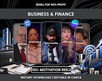 Puede incluir: Un paquete de productos digitales con más de 150 reels de motivación sobre negocios y finanzas. La imagen muestra cinco pantallas de smartphone con varios oradores, un maletín negro, un trofeo plateado, fajos de billetes y un gráfico azul.