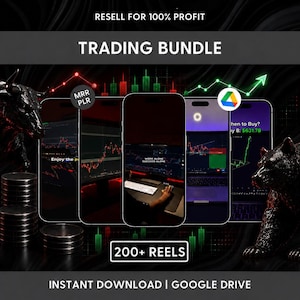Könnte beinhalten: Ein digitales Trading-Paket mit dem Text RESELL FOR 100% PROFIT, TRADING BUNDLE, 200+ REELS und INSTANT DOWNLOAD | GOOGLE DRIVE. Die Grafik zeigt Smartphones mit Börsencharts, einen Bullen, einen Bären und gestapelte Münzen.
