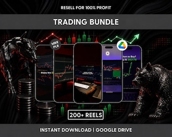 Puede incluir: Un paquete de trading digital con el texto RESELL FOR 100% PROFIT, TRADING BUNDLE, 200+ REELS e INSTANT DOWNLOAD | GOOGLE DRIVE. El gráfico incluye imágenes de teléfonos inteligentes con gráficos bursátiles, un toro, un oso y pilas de monedas.