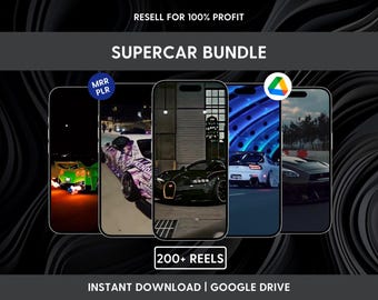 Puede incluir: Un paquete digital con cinco pantallas de teléfono inteligente que muestran varias imágenes de superdeportivos. El texto incluye RESELL FOR 100% PROFIT, SUPERCAR BUNDLE, 200+ REELS e INSTANT DOWNLOAD | GOOGLE DRIVE. Se ven iconos circulares MRR PLR y un logo de Google Drive.