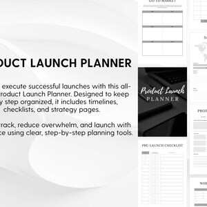 Puede incluir: Un planificador digital de lanzamiento de productos con varias p&aacute;ginas que incluyen encabezados como Product Launch Planner, Go To Market, Sales Map, Project Planner y Pre-Launch Checklist, con tablas, listas y un mapa mundial.