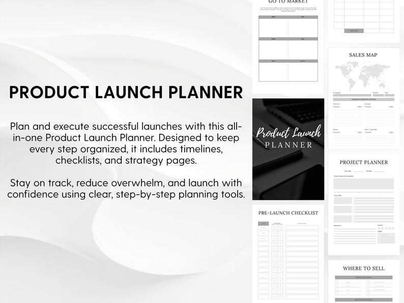 Puede incluir: Un planificador digital de lanzamiento de productos con varias p&aacute;ginas que incluyen encabezados como Product Launch Planner, Go To Market, Sales Map, Project Planner y Pre-Launch Checklist, con tablas, listas y un mapa mundial.