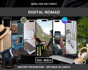 Puede incluir: Un paquete de productos digitales con cinco pantallas de smartphone que muestran imágenes de estilo de vida, un sombrero de paja, maleta, cámara, pasaporte, portátil, auriculares y una taza de café. Texto: "RESELL FOR 100% PROFIT", "DIGITAL NOMAD", "250+ REELS", "INSTANT DOWNLOAD EDITABLE IN CANVA".