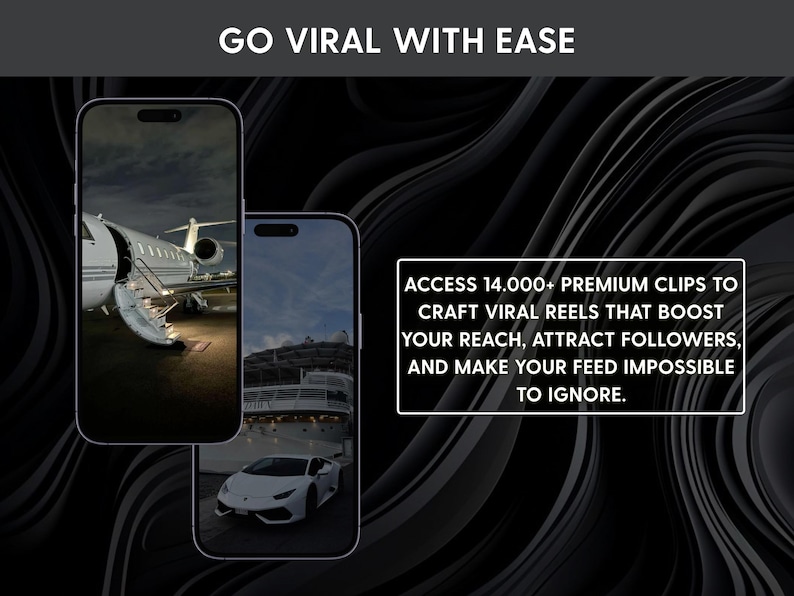 May include: Two smartphones displaying video content of a private jet, a cruise ship, and a white sports car. The text reads: GO VIRAL WITH EASE. ACCESS 14,000+ PREMIUM CLIPS TO CRAFT VIRAL REELS THAT BOOST YOUR REACH, ATTRACT FOLLOWERS, AND MAKE YOUR FEED IMPOSSIBLE TO IGNORE.