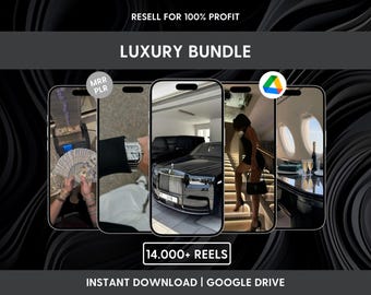Puede incluir: Una pantalla de producto digital con cinco teléfonos mostrando imágenes de estilo de vida de lujo, incluyendo fajos de billetes, un reloj, un coche negro, una persona en una escalera y el interior de un avión. Texto: RESELL FOR 100% PROFIT, LUXURY BUNDLE, 14.000+ REELS, INSTANT DOWNLOAD | GOOGLE DRIVE.