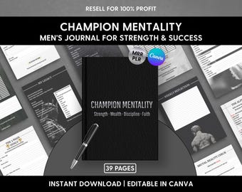 Diario para hombres / Mentalidad de campeón / Diario de cuero / Autodisciplina, hábitos, metas / Plantilla de Canva / Descarga digital