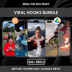Könnte beinhalten: Ein Werbebild mit dem Text "RESELL FOR 100% PROFIT" und "VIRAL HOOKS BUNDLE". Das Bild zeigt fünf Smartphone-Bildschirme mit verschiedenen Videoszenen. Der Text "850+ REELS" und "INSTANT DOWNLOAD | GOOGLE DRIVE" sind ebenfalls zu sehen.