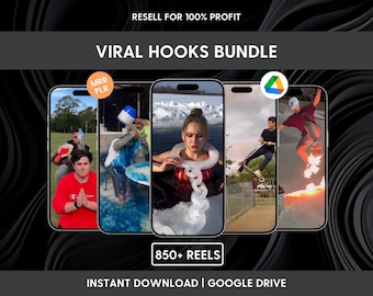 Puede incluir: Un paquete de productos digitales titulado VIRAL HOOKS BUNDLE que contiene más de 850 REELS. El gráfico muestra cinco pantallas de teléfonos inteligentes con varios clips de video, con textos que indican RESELL FOR 100% PROFIT, MRR PLR e INSTANT DOWNLOAD | GOOGLE DRIVE.
