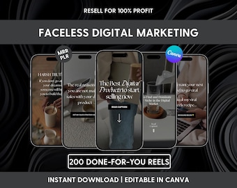Puede incluir: Cinco pantallas de smartphone que muestran contenido de marketing digital con superposiciones de texto que incluyen "Faceless Digital Marketing", "Resell for 100% Profit" y "200 Done-For-You Reels". Los gráficos presentan tonos neutros.