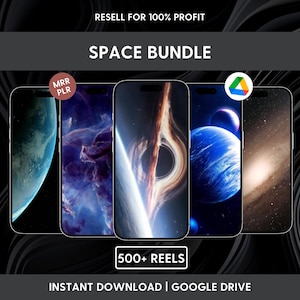 May include: A promotional image featuring five smartphones displaying space-themed wallpapers. The text "SPACE BUNDLE" is displayed above the phones, with "500+ REELS" and "RESELL FOR 100% PROFIT" also visible. The background is a dark, abstract design.